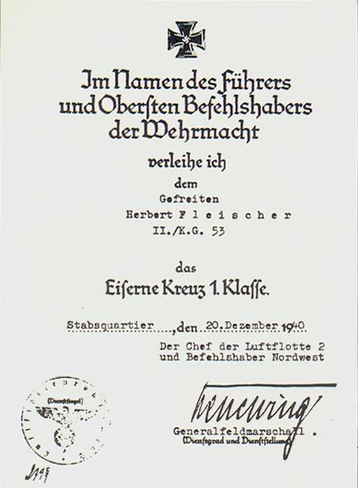 1939 Iron Cross 1st Class Award Document